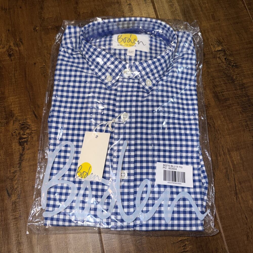 Boden Boys 9-10Y white & Blue Plaid Long Sleeve Collared Button-Up Shirt